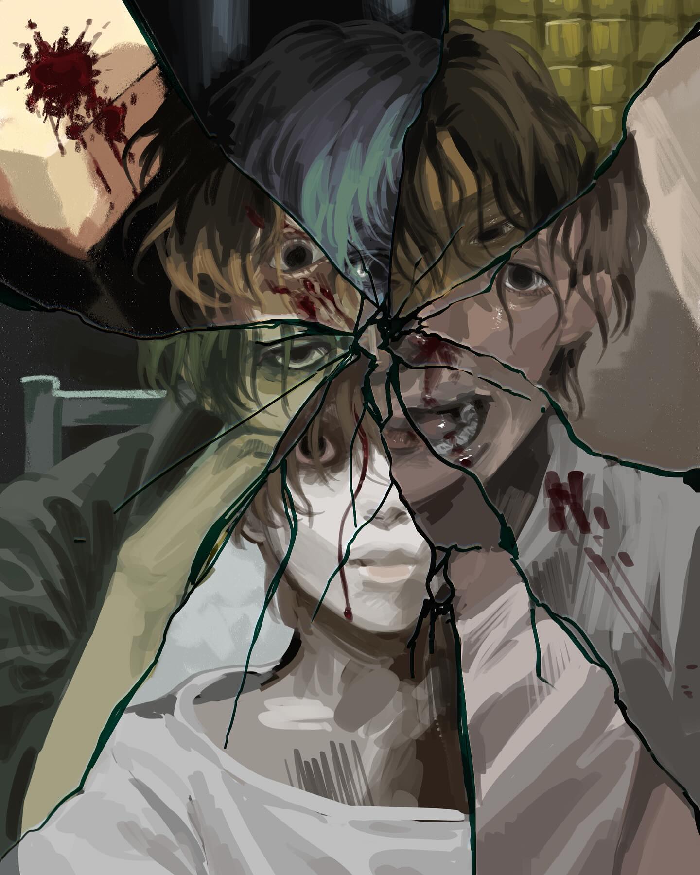 he image is a digital painting depicting a young person's reflection fractured and distorted in a shattered mirror.  the reflection is fragmented into multiple pieces, each showing a different aspect or expression, some appearing injured and bloody. the overall mood is dark, unsettling, and suggestive of psychological trauma or violence. the style is painterly and somewhat surreal, with a focus on mood and atmosphere rather than strict realism. the colors are muted and desaturated, mostly greys, browns, and blacks, with splashes of blood red adding a stark contrast. the image leaves the viewer with a sense of unease and uncertainty about the depicted scene and its meaning.