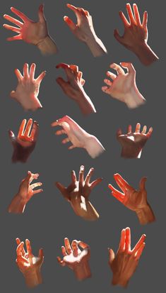 a study sheet showing the human hand in different poses. the hands are drawn in a realistic style and are lit with warm lighting.