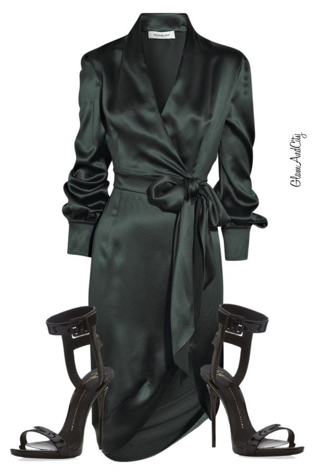 he image showcases a stylish outfit perfect for an evening event. it features a dark green satin wrap midi dress with long sleeves and a belted waist. the dress is elegant and sophisticated.  the outfit is completed with a pair of black highheeled sandals featuring delicate ankle straps. the overall look is glamorous and chic.