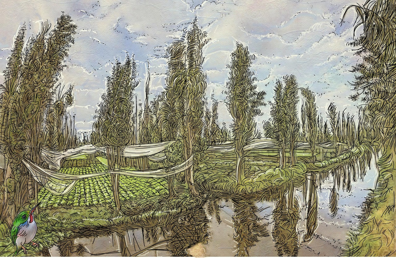 the image is an illustration depicting a rural landscape with a body of water, trees, and agricultural fields. the trees are tall and narrow, with reflections visible in the water. fields of crops, covered in some parts with white fabric, are visible between the trees. the sky is cloudy, and a small bird can be seen in the foreground. the style of the image resembles a drawing with an illustrative quality, highlighting the details of the scene with bold lines.