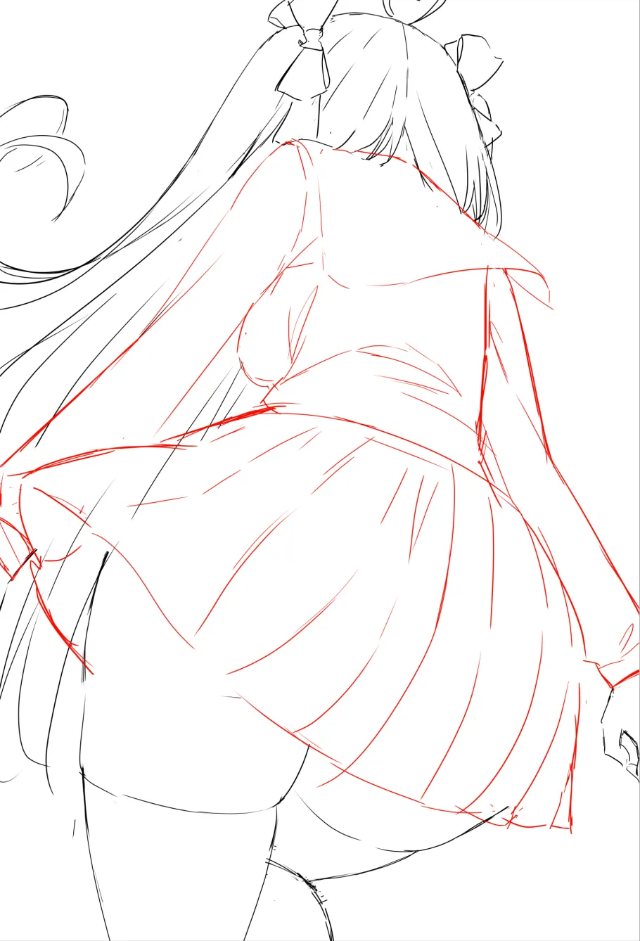 the image is a rough, unfinished sketch of an animestyle girl from the back.  she has long flowing hair and is wearing what appears to be a red pleated skirt and a loosefitting top, possibly part of a school uniform. the drawing style is loose and sketchy, focusing on lines and suggesting form rather than detailed rendering. the perspective is from a slightly low angle, looking up at the girl. the overall impression is a quick concept sketch of a character's design and pose.
