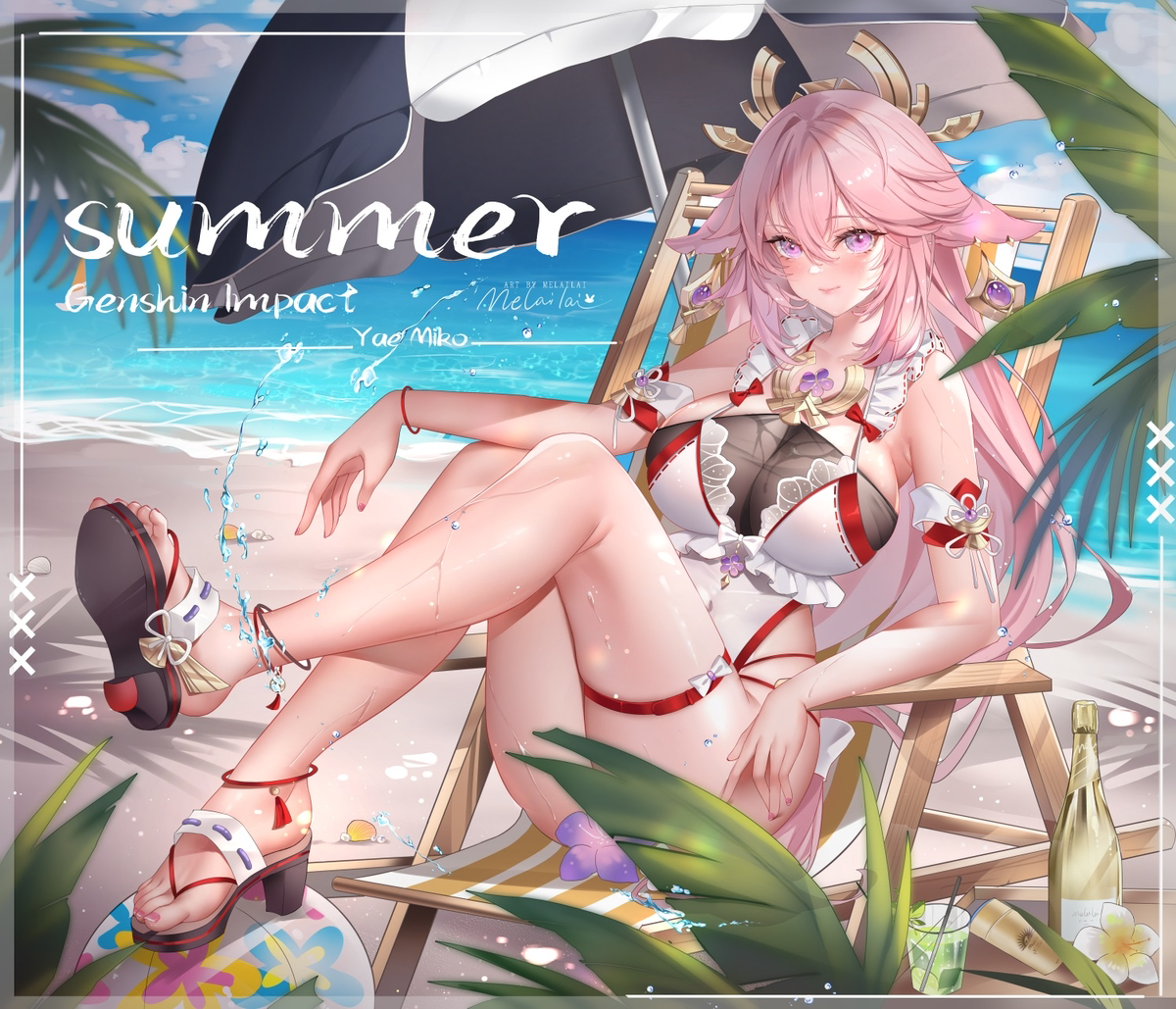 the image is a piece of fanart depicting yaé miko from genshin impact enjoying a summer day at the beach. she is wearing a cute swimsuit and sandals, sitting in a beach chair under an umbrella.  the art style is animeinfluenced, with vibrant colors and a focus on detail in her appearance and the beach setting.  the overall mood is relaxed and peaceful.  the artist's signature is visible.