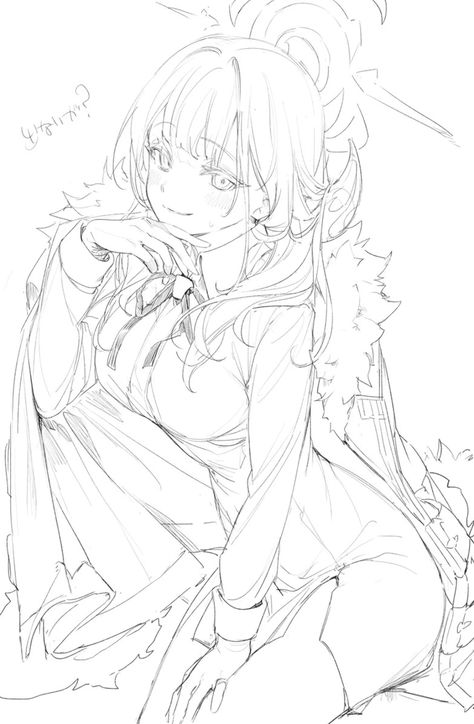 black and white sketch of an anime girl sitting on the floor. she is wearing a dress and has long hair styled in a ponytail. the image is drawn in a manga style with detailed linework. the girl has a cute and innocent expression on her face, and she is looking at the viewer. the background is blank.