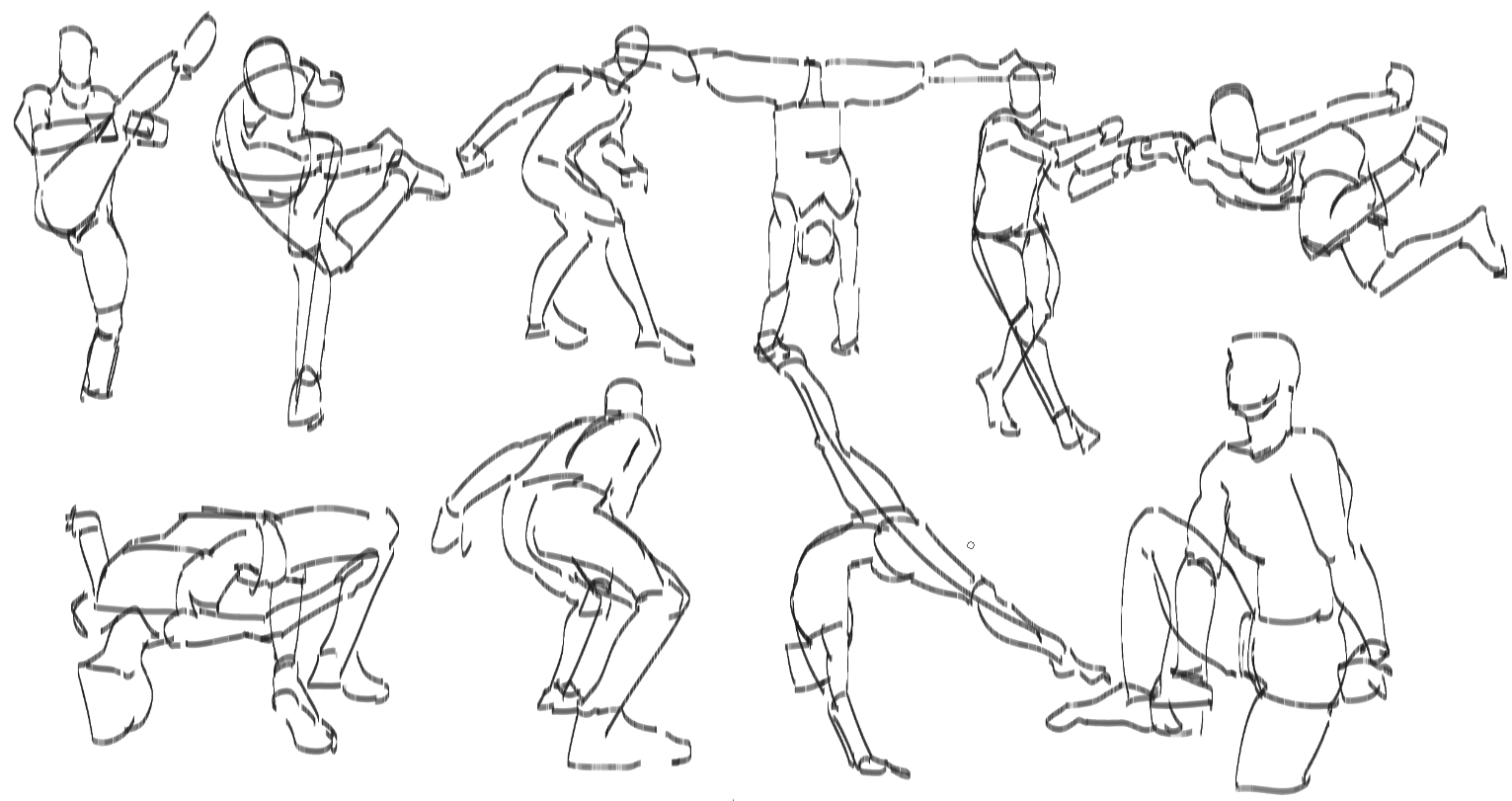 the image contains a collection of quick sketches depicting various human figures in dynamic poses. the style is loose and expressive, focusing on capturing the movement and energy of the figures rather than precise anatomical detail.  the figures are engaged in activities that seem to include gymnastics, martial arts, or other athletic movements, suggesting a study of motion and posture.  the lines are fluid and gestural, giving a sense of spontaneity and immediacy.