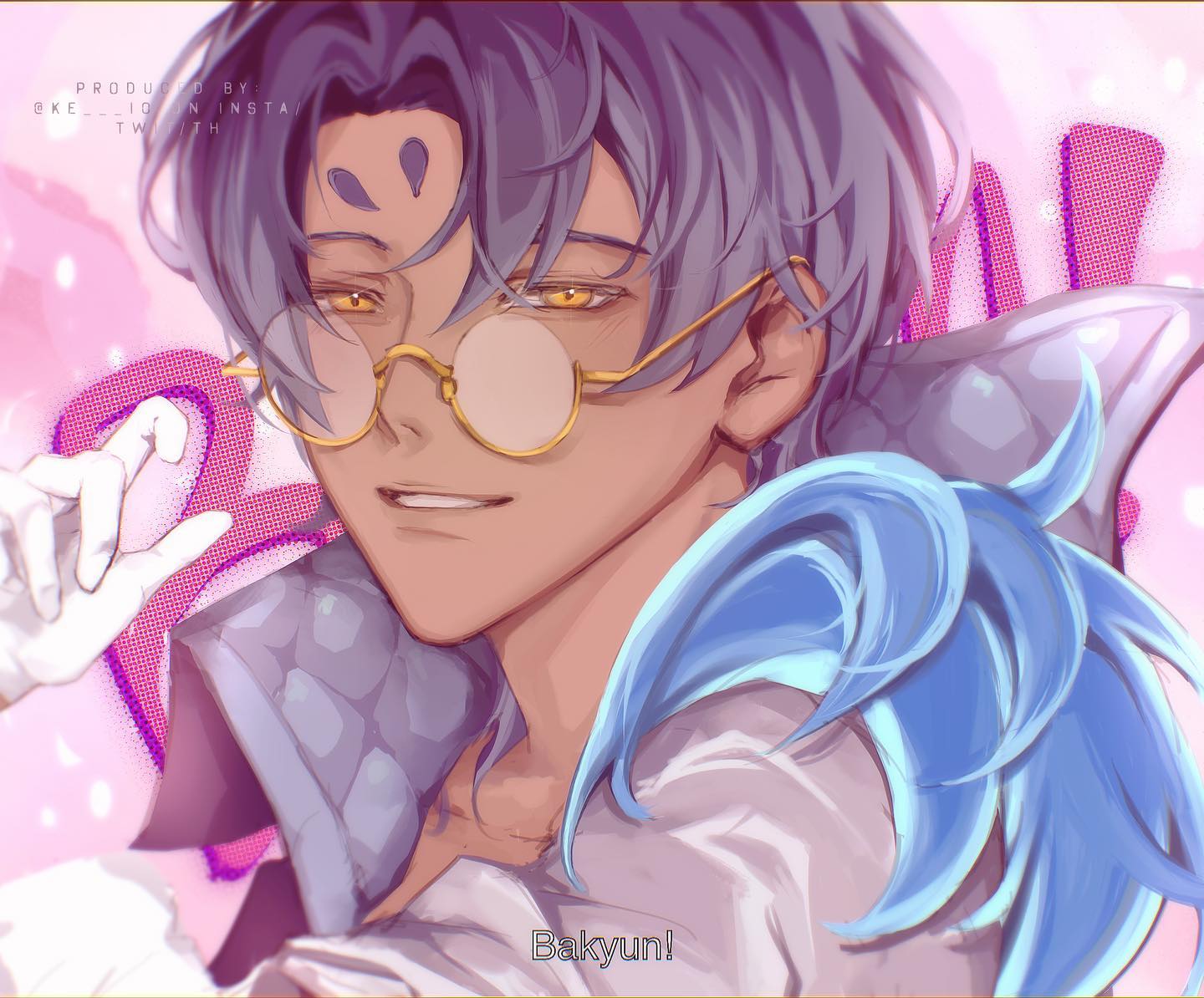 a digital drawing of baizhu from genshin impact. it is a headshot of baizhu winking at the camera with a smirk. he is wearing his usual outfit and glasses. the colors are soft pinks and purples.