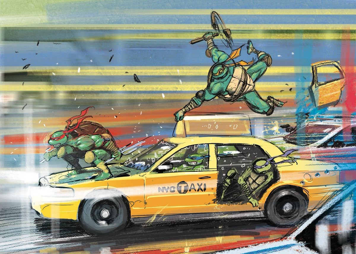 the image depicts the teenage mutant ninja turtles in a highaction chase scene. one turtle, raphael with a red bandana, is riding on the hood of a yellow nyc taxi. inside the car, leonardo with a blue bandana is driving. donatello with a purple bandana is hanging out of the car's damaged passenger side door. in the air, michelangelo with an orange bandana is jumping and wielding nunchucks. a car door has been ripped off the vehicle. the background is blurred with streaks of color, suggesting speed and motion. the scene looks like a still from a comic book or animated series.