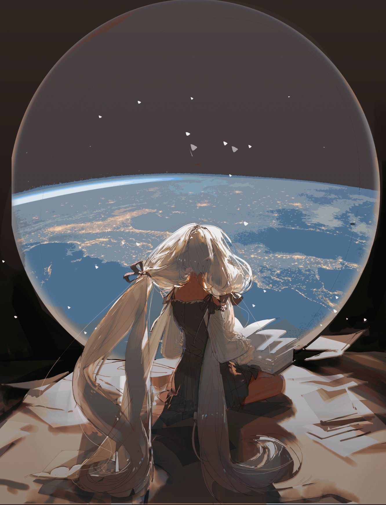 an anime girl with long white hair is staring out a window in a spaceship. her hair is flowing around her as she looks out at the view. the earth can be seen in the window, surrounded by stars. the image is very dark, with the only light coming from the earth and the stars. the girl's eyes are closed, as if she is lost in thought. she is dressed in a black dress and her hair flows behind her. the image is very beautiful, and the colors are very subtle.