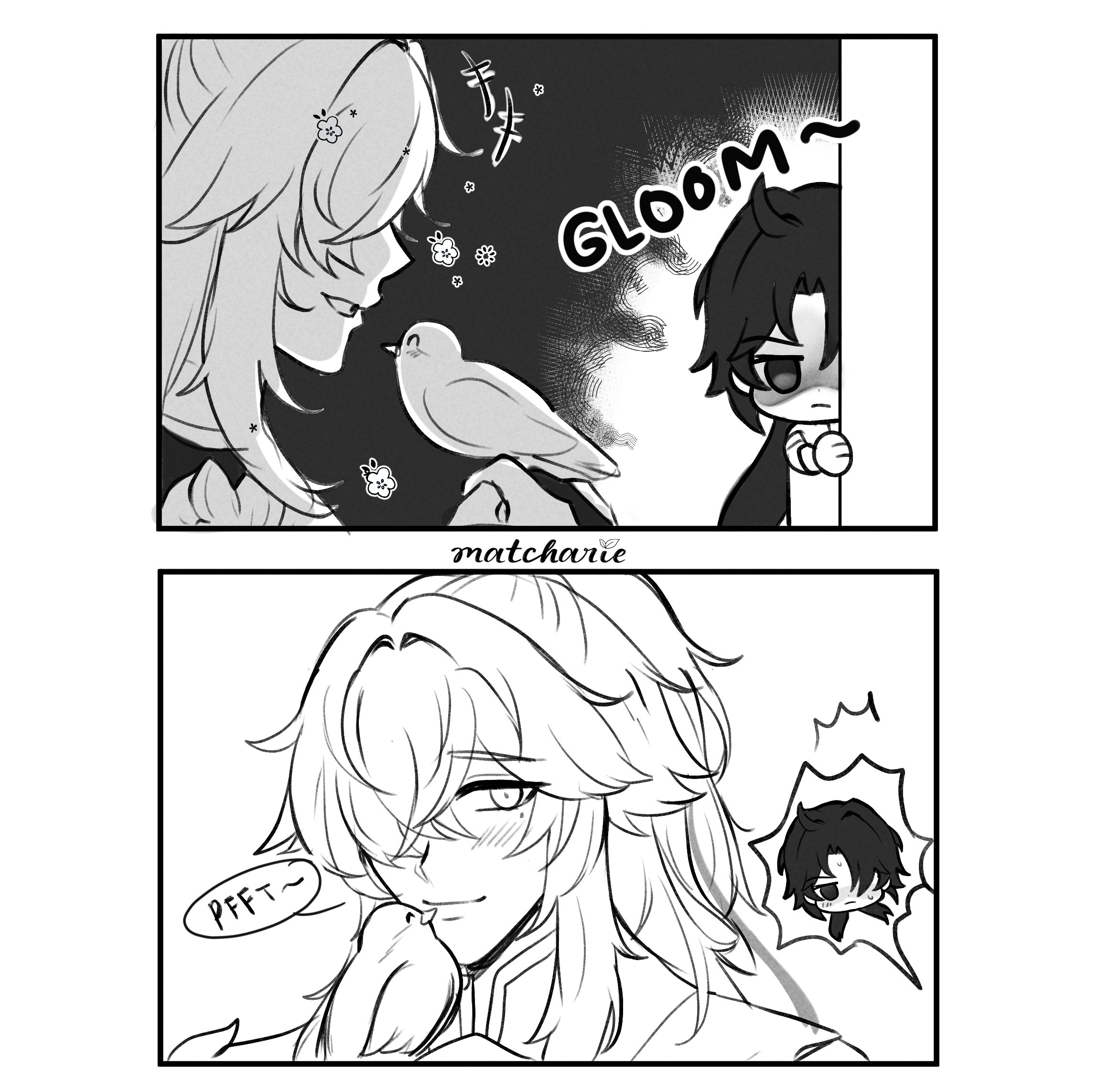 the image shows two panels. in the first panel, the boy is looking at the bird in front of him. the girl has a small smile as she looks at the boy. the boy seems sad or upset. the text bubble next to the boy says "gloom." in the second panel, the boy is looking at the bird and blushing. he has a slight smile on his face. the text bubble next to him says "pfft." the bird is sitting in his hand. in the background, a small version of the boy from the first panel can be seen. he's blushing and smiling, and there is a small m shaped text bubble next to him. the text under both of the panels says "matcharie."