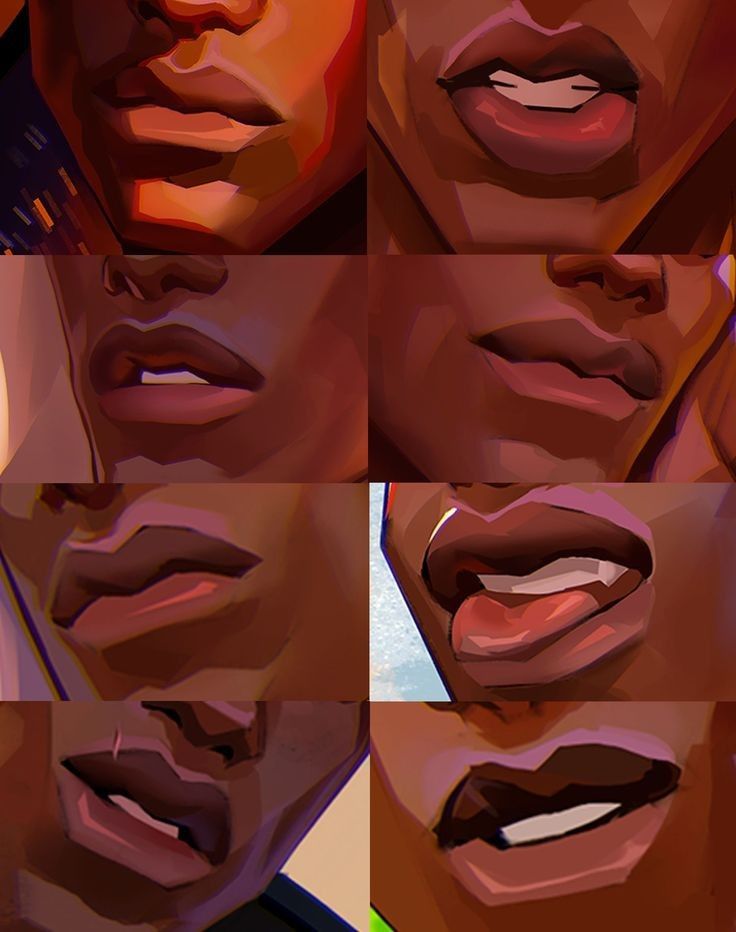 the image is a digital art collage showcasing a variety of painted lips on darkskinned individuals. the collage is arranged in a grid format, featuring multiple closeup portraits of mouths exhibiting different expressions, shapes, and slight variations in lip color and shading. the style is realistic yet stylized, with a focus on rendering the subtle details and textures of the lips and surrounding skin. each portrait is highly detailed and provides a visual study of variations in lip portrayal. the image is likely intended as a demonstration of the artist's skill in rendering diverse skin tones and expressions.