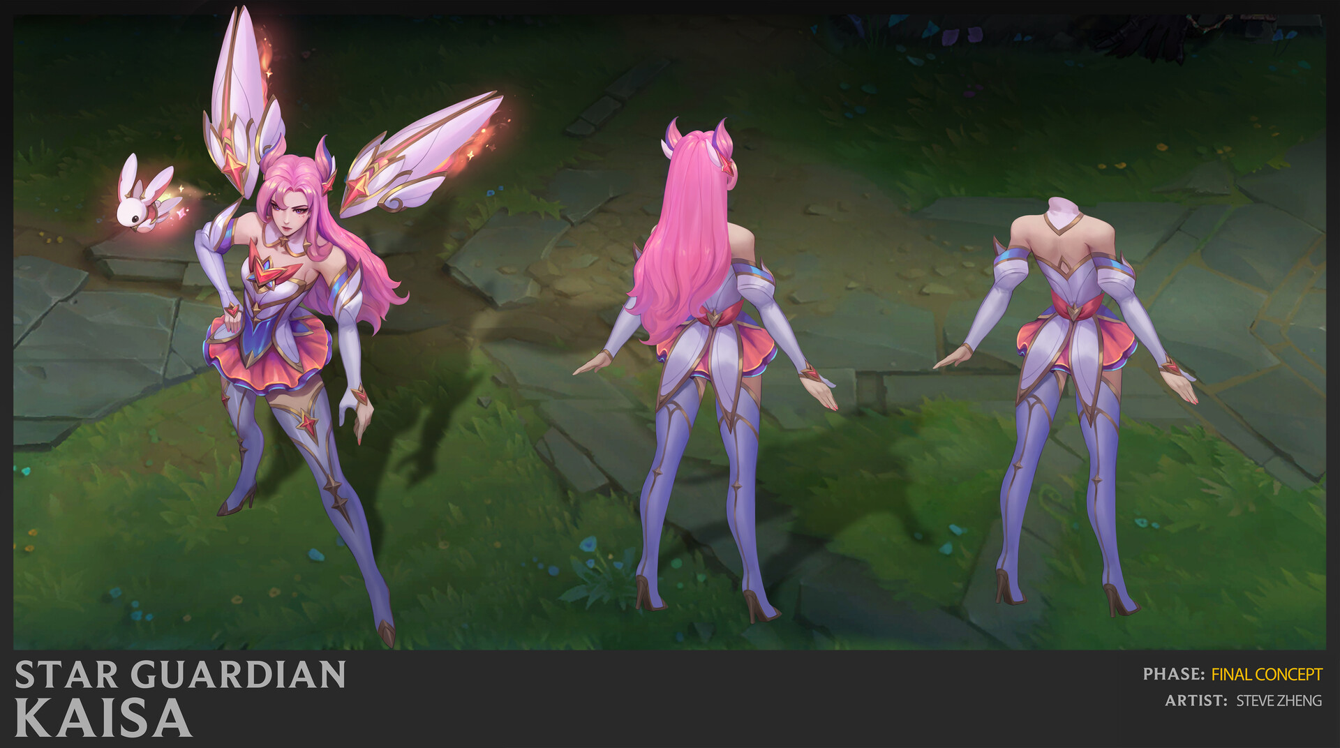 this is a concept art illustration of star guardian kaisa from league of legends. the image is showing kaisa from three different angles.  she is a female character with long pink hair and wearing a pink, white, and blue outfit with wings. she is holding a weapon and standing on a green grassy field. the image has a magical and fantasy feel to it.