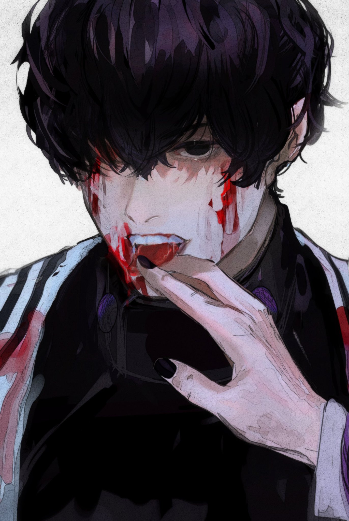 this is a digital illustration of an anime boy with black hair. his face is covered in blood and he is licking his finger which is also covered in blood. he looks very spooky and mysterious and his expression is scary. he is wearing a black jacket. the art style is similar to manga illustrations.