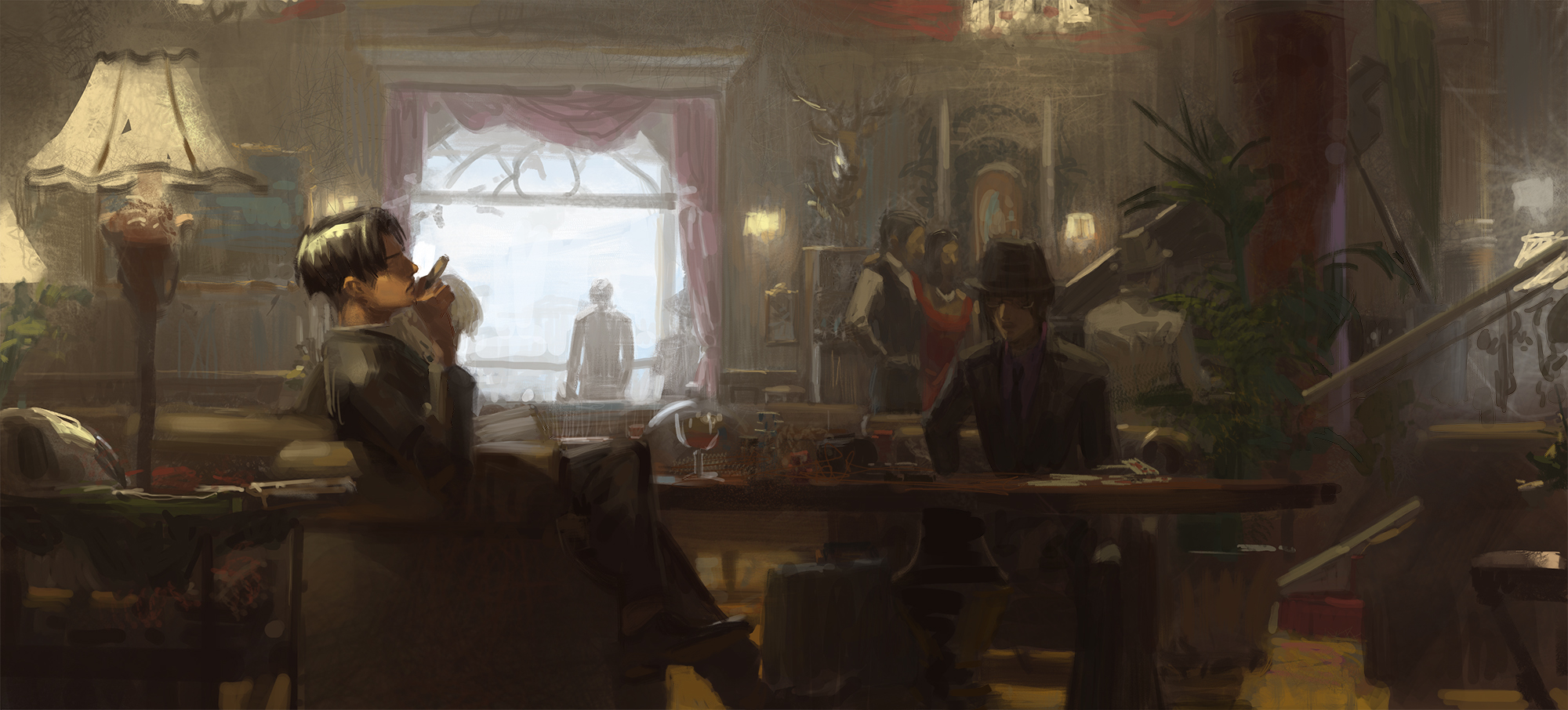 the image is an illustration of an interior scene, possibly depicting a mafia or gangster setting. it features men in suits, one smoking a cigar and leaning back in a chair, while another sits at a table with cards and a hat. in the background, a window reveals a figure standing outside, and other people are gathered near a staircase. the room is adorned with various elements like lamps, plants, curtains, a chandelier, and ornate decorations, creating a sense of luxury and secrecy.