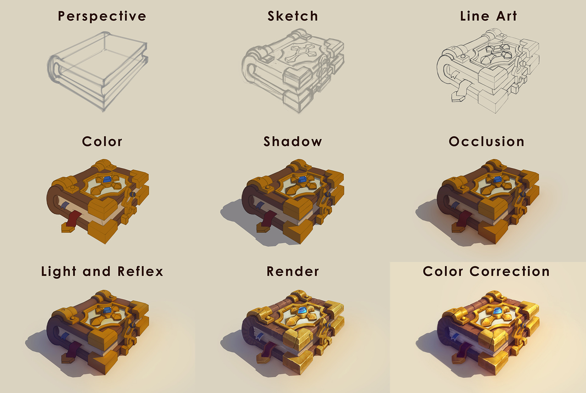 the image showcases the stepbystep process of creating a digital illustration of a stylized, ornate book, possibly a spellbook or grimoire, commonly seen in fantasy settings. it breaks down the creation process from initial perspective lines to the final colorcorrected image. each step highlights a different stage: perspective setup, rough sketch, clean line art, base color application, shadow definition, ambient occlusion rendering, addition of light and reflections, and final rendering.  the image focuses on the object itself, devoid of any background or characters, emphasizing the asset creation process.