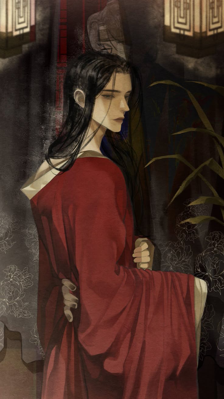 a digital illustration depicts a man with long dark hair wearing a red robe, standing against a dark background. the man is positioned to the left of the frame, looking towards the right. he is grasping part of the robe in his hands. behind him, a shadowy figure is visible, along with a lantern. the artwork features a moody atmosphere with elements of traditional asian or chinese clothing and design.
