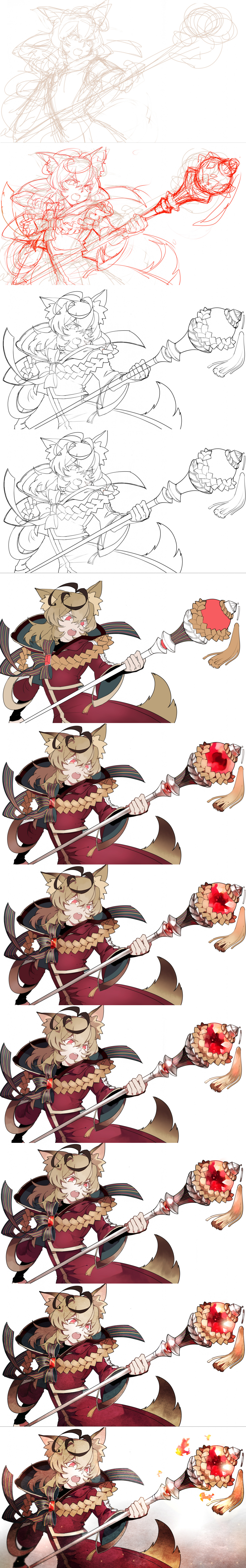 this image shows a digital art process of an animation character. each step is visible and represents a change in the artwork. the character appears to be a female mage with a staff and wearing a red robe.