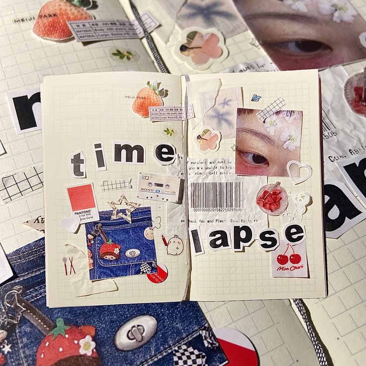 a closeup of a journal page filled with a colorful collage of various stickers, photos, and paper cutouts. the page features a denim fabric background, a grid pattern, and a "time lapse" heading.  the collage includes elements like hearts, flowers, cherries, and a cassette tape. there are also handwritten notes and text snippets scattered throughout the design. the overall aesthetic is bright, playful, and whimsical, reflecting a personal style and creative expression.  the collage's elements and their arrangement suggest a vibrant, imaginative approach to journaling and selfexpression.