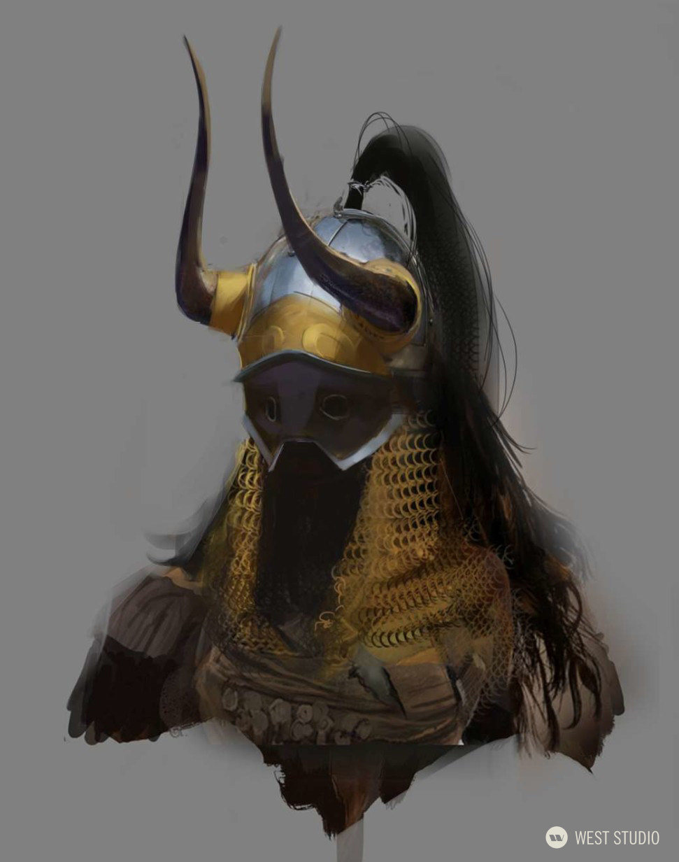 the image depicts the head and shoulders of a fantasy warrior. they are wearing a distinctive horned helmet with a dark, featureless faceplate. the helmet is a mixture of gold and steel, with large horns curving upwards. the warrior's neck and shoulders are covered in chainmail of a similar gold tone, and they have long, dark hair cascading down their back. the overall impression is one of mystery and strength.