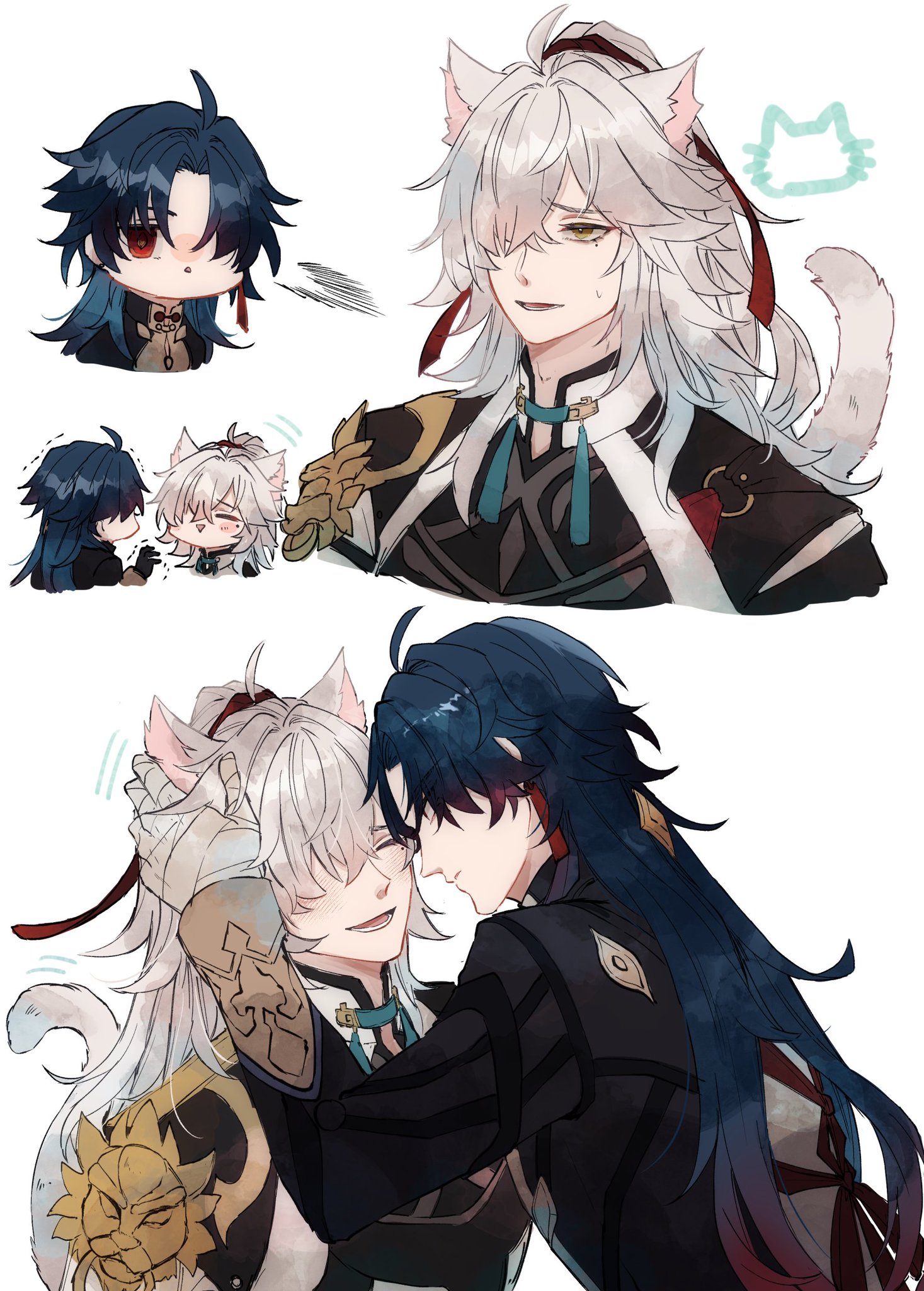 the image features two anime characters, albedo and xiao, from the game genshin impact. albedo is a whitehaired character with cat ears, while xiao has blue hair. they are both shown in a loving embrace, with albedo looking up at xiao with a happy smile. in the top portion of the image, there are three panels showing the two characters in different positions, with the bottom panel showing the two characters hugging. the art style is cute and colorful, with soft shading and a focus on the characters' expressions.