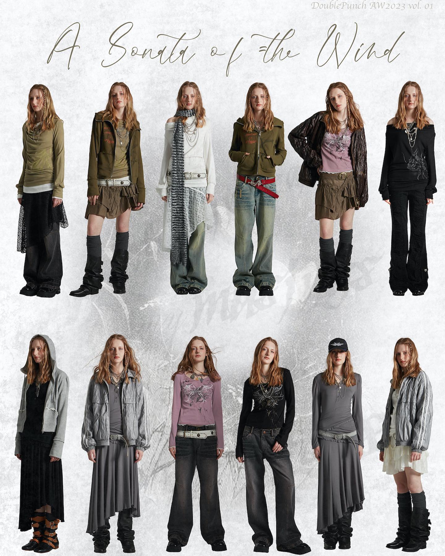 the image is a fashion lookbook for doublepunch's autumn/winter 2023 collection (vol. 01), titled "a sonata of the wind." it features twelve models showcasing various outfits.  each model is posed individually against a muted background.  the clothing styles range from gothic and grunge influences to dark academia styles.  the color palette primarily consists of greys, olive greens, and blacks. layered clothing items, boots, skirts, pants, and tops are key elements of the collection.  the overall aesthetic is edgy and alternative.