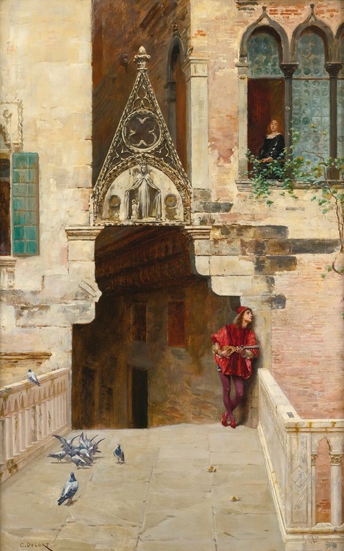 the painting depicts a picturesque venetian scene with ornate architecture. a courtyard with stone paving is populated by several pigeons, some pecking at the ground. a musician in red clothing and a matching cap stands on a balcony, playing a stringed instrument, possibly a lute or mandolin. above the courtyard, an elaborate archway featuring a sculpture of a madonna and child leads into a dimly lit passage. to the right, a woman is visible in a window adorned with decorative arches and foliage. the buildings exhibit classic venetian architectural details, including ornamental facades and patterned windows, showcasing the romantic and historical atmosphere of venice.