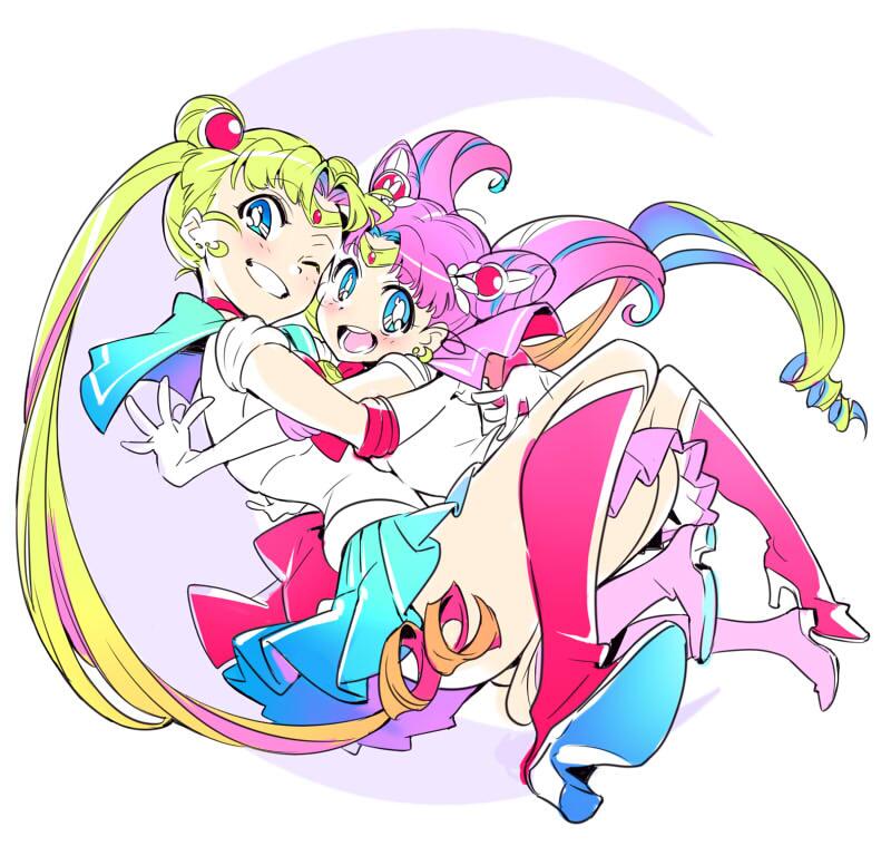 sailor moon and sailor chibi moon are hugging each other in front of the moon. sailor moon is holding sailor chibi moon in her arms. they are both smiling. sailor moon's hair is blonde and sailor chibi moon's hair is pink. they are both wearing their sailor suits.