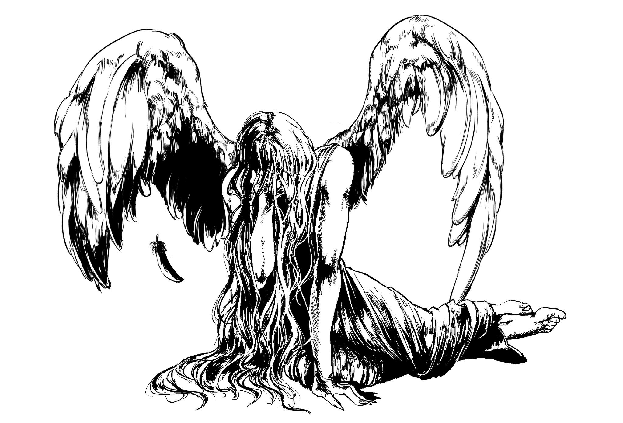 a black and white illustration of a female angel with wings spread out behind her, sitting with her head in her hands, looking down and crying. she appears to be in a state of sorrow and despair, with her long hair obscuring her face. the feathers on her wings are detailed and spread out, creating a sense of movement. the image conveys feelings of sadness, loneliness, and grief.