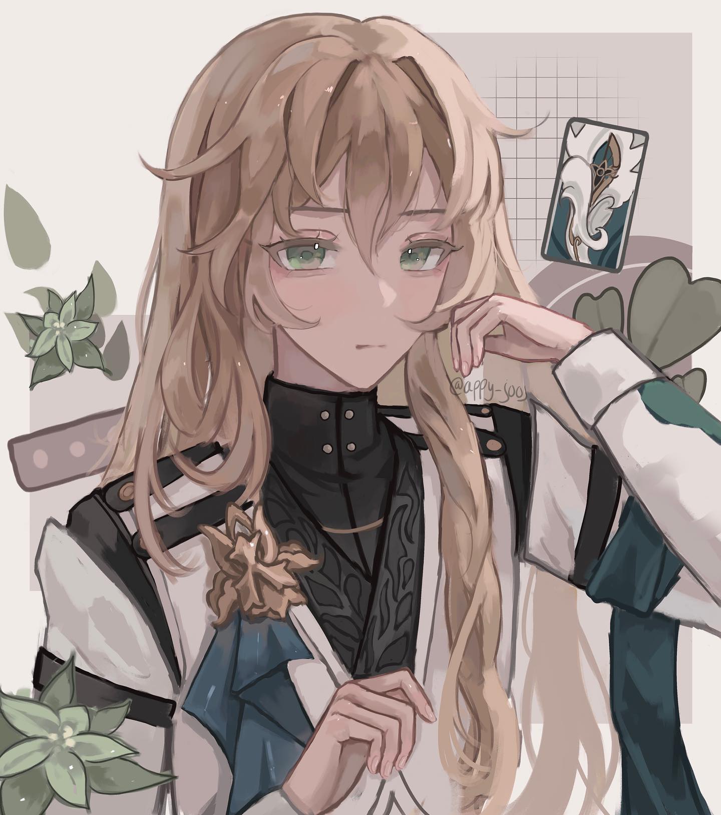 the image is a digital fanart depicting a young animestyle girl with long, light blonde hair and striking green eyes. she's dressed in an elegant outfit, consisting of a white jacket with dark detailing on the collar and lapels over a dark, intricately patterned vest. a gold flowerlike brooch is pinned to her chest. her expression is somewhat pensive or subtly sad, and she's gently touching her face with one hand. the overall style is soft and dreamy, with pastel colors and delicate linework. the background features subtle floral elements and a grid pattern, with a small cardlike image that looks like a tarot card subtly placed to the top right. the artist's signature is visible near the girl's shoulder. the art style is consistent with popular anime/manga aesthetic and has a serene mood.