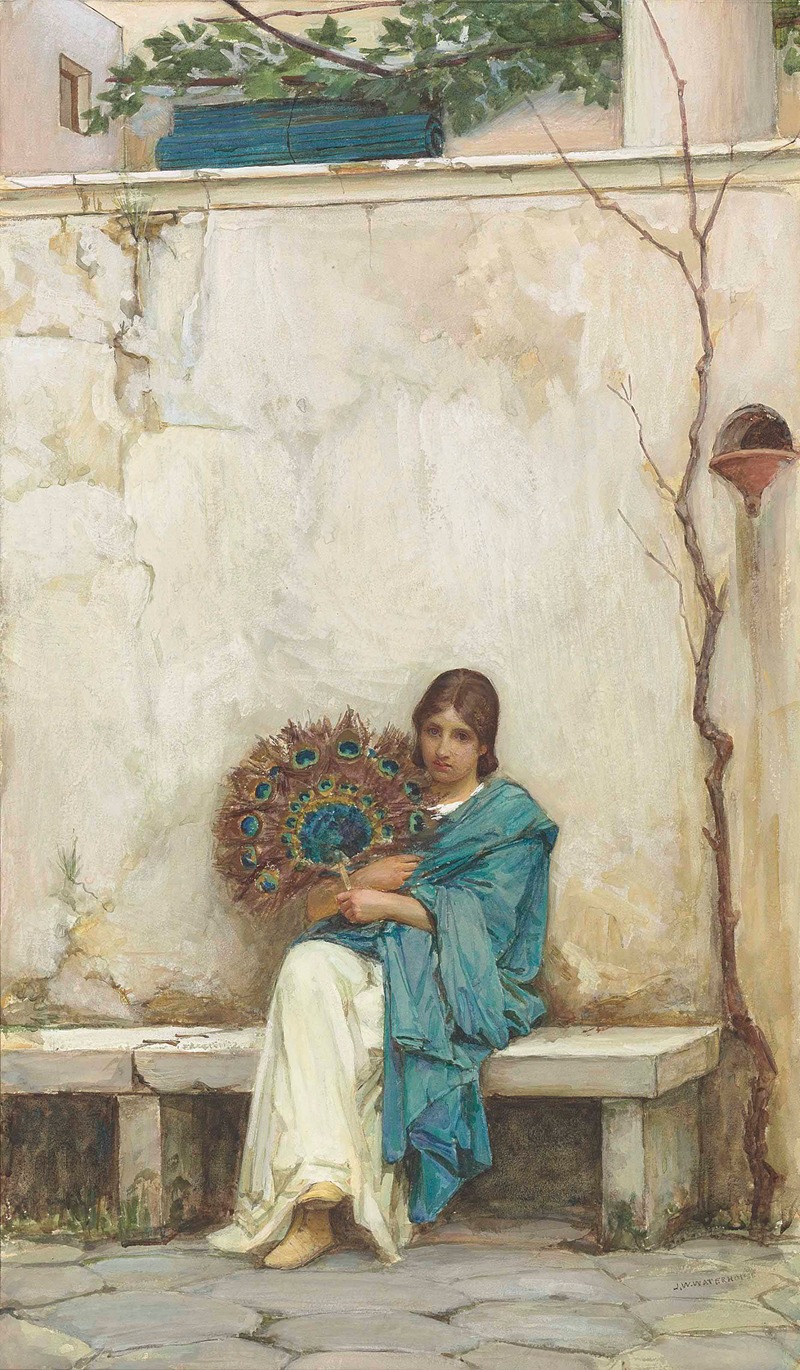 a painting titled "in the peristyle" by john william waterhouse depicts a young woman seated on a stone bench in a courtyard. she is dressed in a flowing white dress and a blue shawl, holding a large peacock feather fan in her hands. her expression is thoughtful and slightly sad. the setting is characterized by a textured stone wall, a vine climbing along it, and a rolledup mat visible above. the overall mood is one of quiet contemplation and perhaps loneliness.