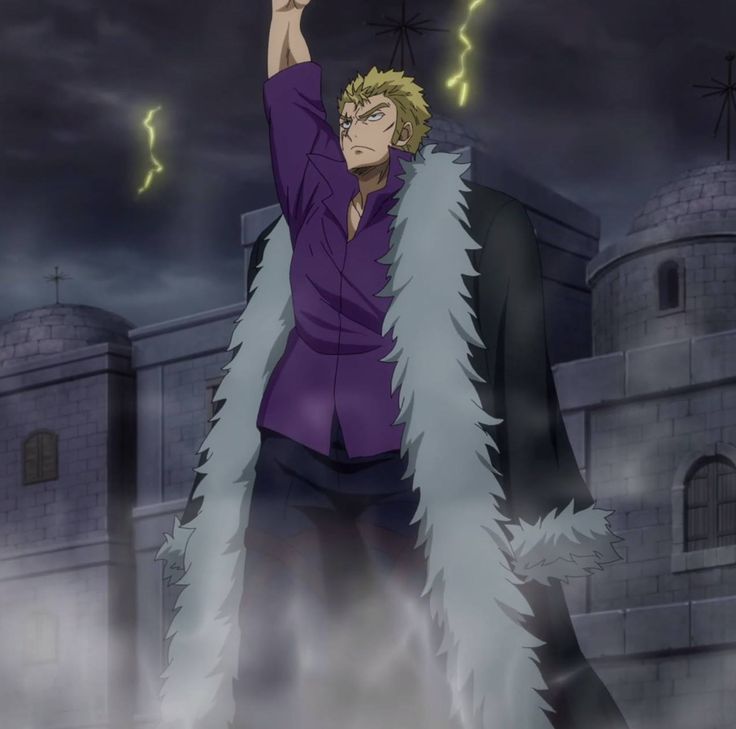 the image features an anime male character standing in front of a building at night. he has blond hair and is wearing a purple shirt, a black coat with a white fur collar, and black pants. he has his hand raised in the air and there are flashes of lightning around him. the sky is cloudy and dark. the image is set in a stormy night.