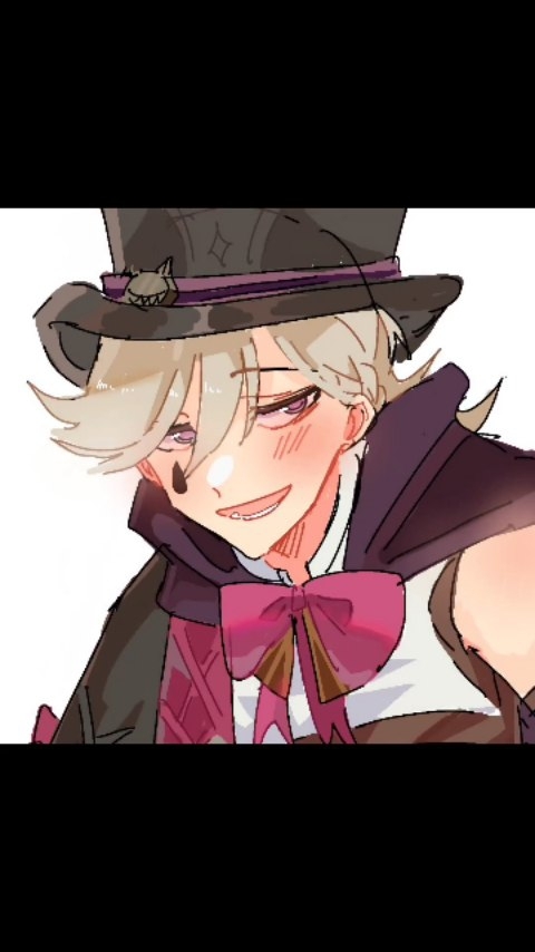 the image is a closeup digital drawing of an animestyle male character. he has lightcolored hair, partially obscured by a large, dark top hat with purple accents. he's wearing a purple cape or coat over what appears to be a brown waistcoat. a prominent pink bow is tied around his neck. the character has a playful, mischievous expression with a slight blush on his cheeks, and his eyes are softly closed. the art style is soft and slightly stylized, common in fan art. the overall feel is cute and charming.