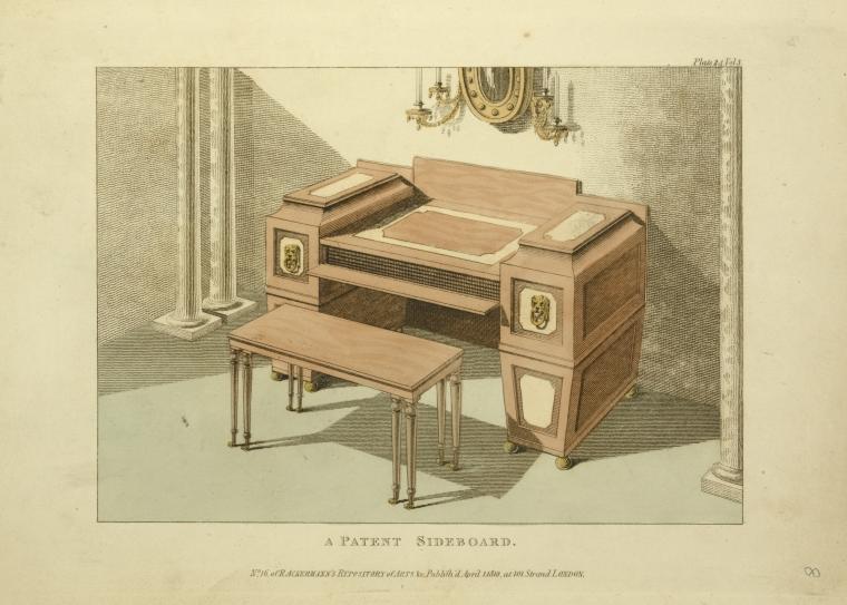 an illustration of a patent sideboard in a neoclassical style interior. the sideboard has a rectangular top, a drawer, and two cabinets with lion heads. the sideboard is accompanied by a small stool. the interior also features two columns, a mirror, and sconces.