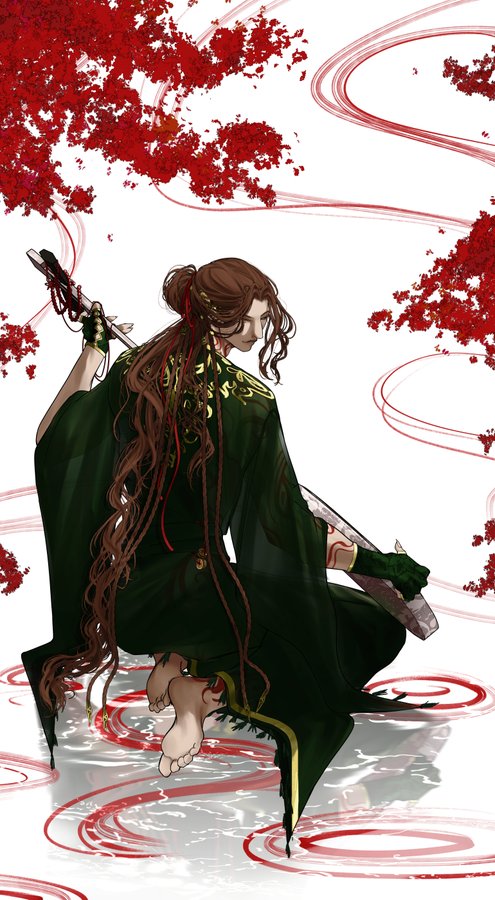 a young woman with long brown hair is sitting in a pool of water. her legs are crossed and she is holding a sword in her right hand. she is wearing a long green robe with gold accents. the water around her is swirling and rippling, forming a pattern of red rings. the background is a white with red swirly lines and red cherry blossoms.