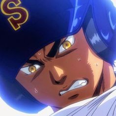 a closeup of an anime baseball player wearing a blue helmet with a yellow "s" on it. he has an intense expression on his face, with sharp eyes, furrowed brows, and clenched teeth. he is sweating, which shows his exertion and determination. the background is bright, suggesting a sunny day on the baseball field.