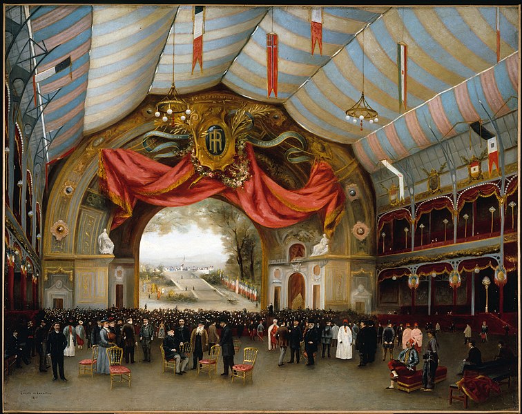the image is a painting of a large indoor hall filled with a crowd of people. the hall is elaborately decorated with striped fabric covering the ceiling, chandeliers, flags, and an archway adorned with a red drape and intricate decorations. the archway opens to a landscape scene. the crowd is composed of men and women dressed in formal attire. chairs are scattered throughout the hall. the painting captures a grand event or ceremony taking place in this ornate setting.