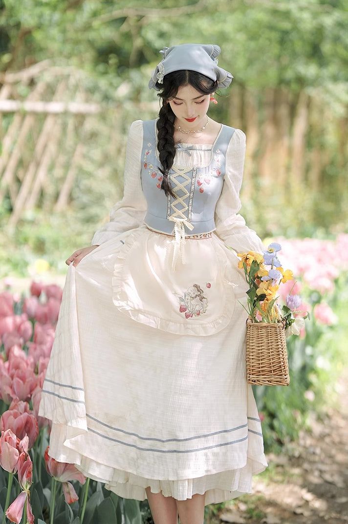 a young woman in a vintageinspired dress is standing in a garden. she is holding a basket of flowers and her dress is embroidered with delicate floral patterns. the overall aesthetic is romantic and whimsical.