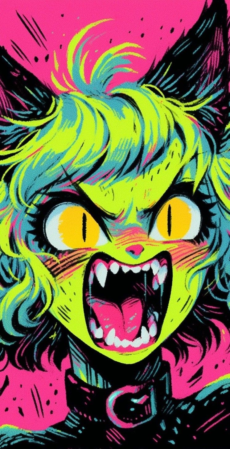 the image is a vibrant, digitally created illustration of an anthropomorphic catgirl.  her fur is depicted in bright neon green and teal, contrasting against a hot pink background.  her expression is one of intense anger, with a wide, open mouth revealing sharp teeth and a bared tongue. her large, yellow eyes add to the fierce expression. she wears a black choker. the style is reminiscent of graphic novels or comic book art, with bold outlines and heavy use of color. the overall feel is energetic and punkinspired.
