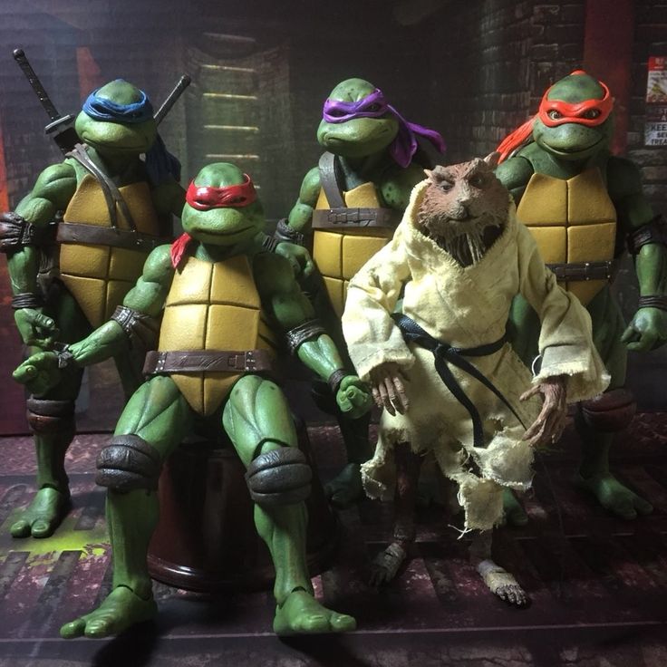 a group of teenage mutant ninja turtle action figures, including leonardo, donatello, raphael, michelangelo and master splinter, are posed together in a fighting stance. they are set against a backdrop of a sewer, which is a common setting for the tmnt. the figures are all highly detailed, with accurate costumes and weapons. the turtles are ready to battle any villain who dares to cross their path.