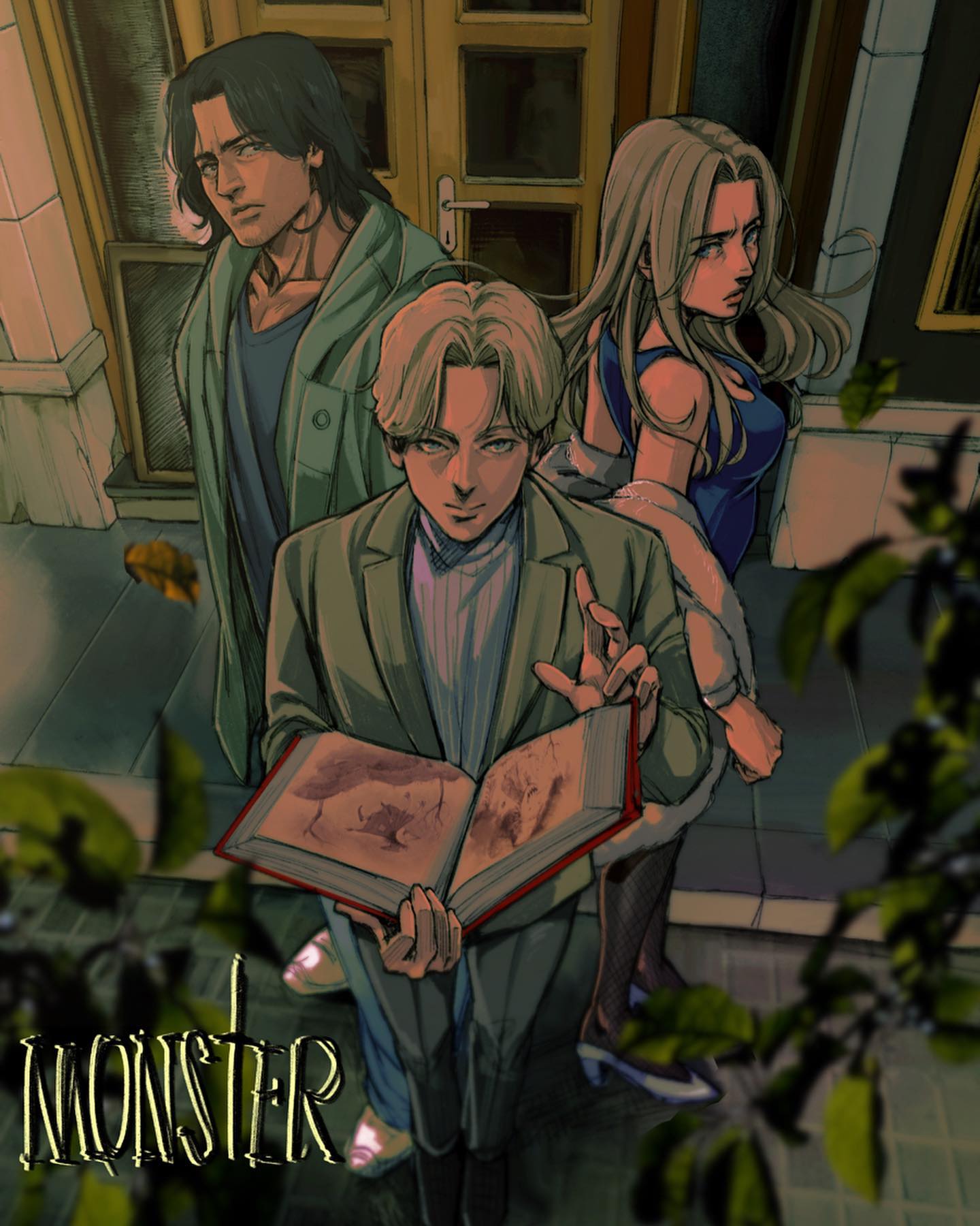 this image is a mangastyle illustration of three characters standing in front of a building. the characters are a young man with blonde hair, a woman with long blonde hair, and a man with dark hair. the young man is holding a book open in front of him. the characters are in a shadowy and mysterious setting. the word "monster" is written in the bottom left corner of the image.