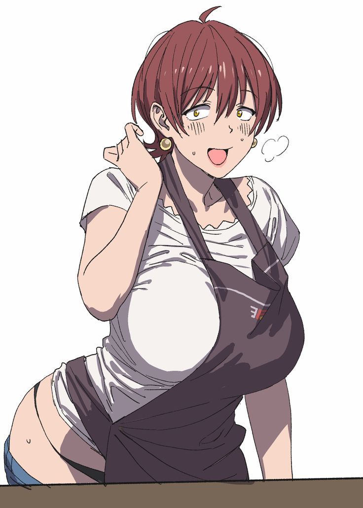 the image depicts an anime woman with short brown hair, wearing a white tshirt and a dark gray apron. she has a blushing face and golden earrings. she's wearing blue jeans and is leaning on a table.