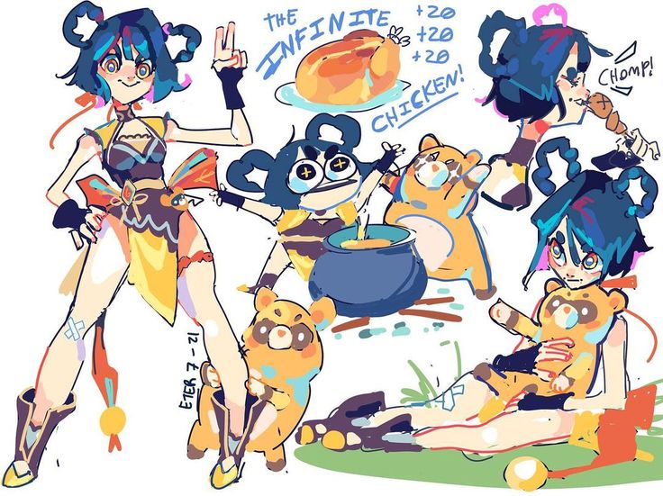 this is a digital illustration of a group of cartoon animestyle characters in various poses, including a girl with long blue hair holding a peace sign, a girl with dark blue hair holding a chicken leg, a girl with black hair holding a pot, and a girl with blue hair holding a bear. the characters are all dressed in colorful outfits and surrounded by whimsical details, including a pot of soup, a bear, and a plate of chicken. the image has a vibrant and energetic style and evokes a sense of fun and playfulness.