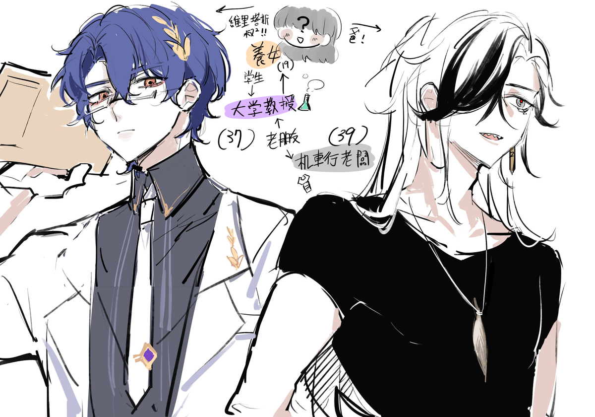 this is an illustration of an anime/manga style couple.  the male character is a professor and is older than the female character. the female character is a student. they are drawn in a cute and romantic style. the illustration is handdrawn and has a digital feel to it. the background is white, allowing the characters to stand out. the image appears to be a digital sketch that is part of a larger illustration or story.