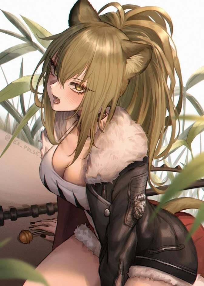 an anime character is sitting in a forest. she is wearing a leather jacket with a fur collar. she has long blonde hair tied in a ponytail and cat ears