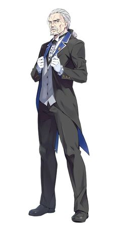 an older man with long white hair, pulled back in a half ponytail, stands facing forward with his hands clasped in front of his torso. he is wearing a black suit with blue accents on the tails and lapels, a white collared shirt, and a black tie.  he has a serious facial expression.  the background is white.