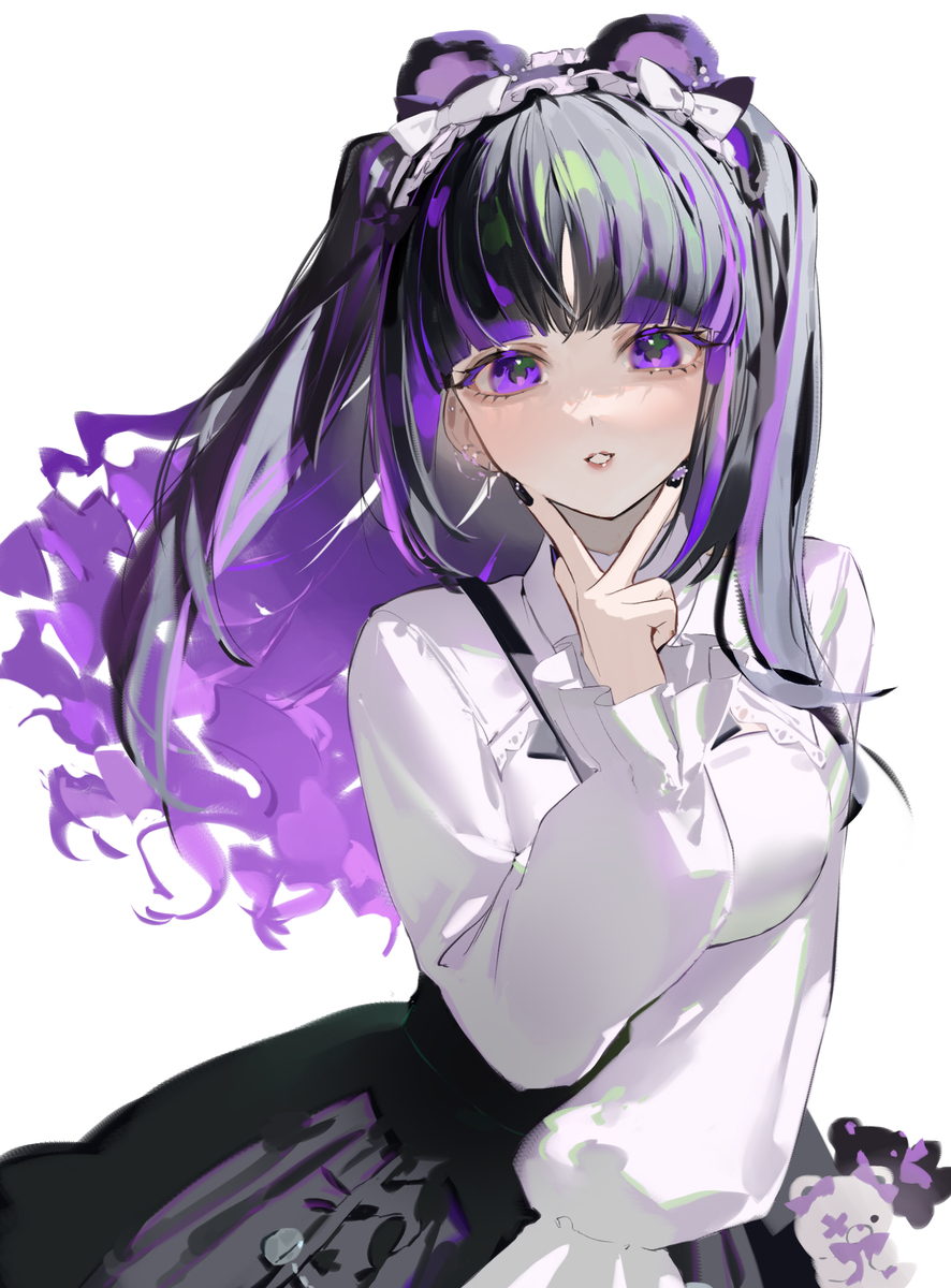 a digital illustration of a young animestyle girl with purple and black hair styled in twin tails with a fringe. she has large, expressive purple eyes and rosy cheeks. she is wearing a white shirt with ruffles and a black skirt. she is striking a pose with her finger touching her chin. she has a cute bow in her hair. a teddy bear is visible in the lower right corner. the overall style is reminiscent of manga or anime.