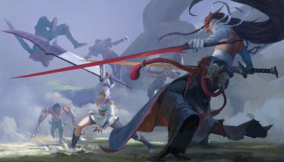 the image depicts a fierce battle scene involving five warriors engaged in a dynamic clash of swords. set against a misty and atmospheric outdoor environment, the scene is rendered in a style reminiscent of fantasy art, with each warrior exhibiting unique attire and weaponry. the composition is dynamically framed from a low angle, emphasizing the motion and tension of the fight. the lighting is soft and diffused, contributing to the overall sense of drama and action.