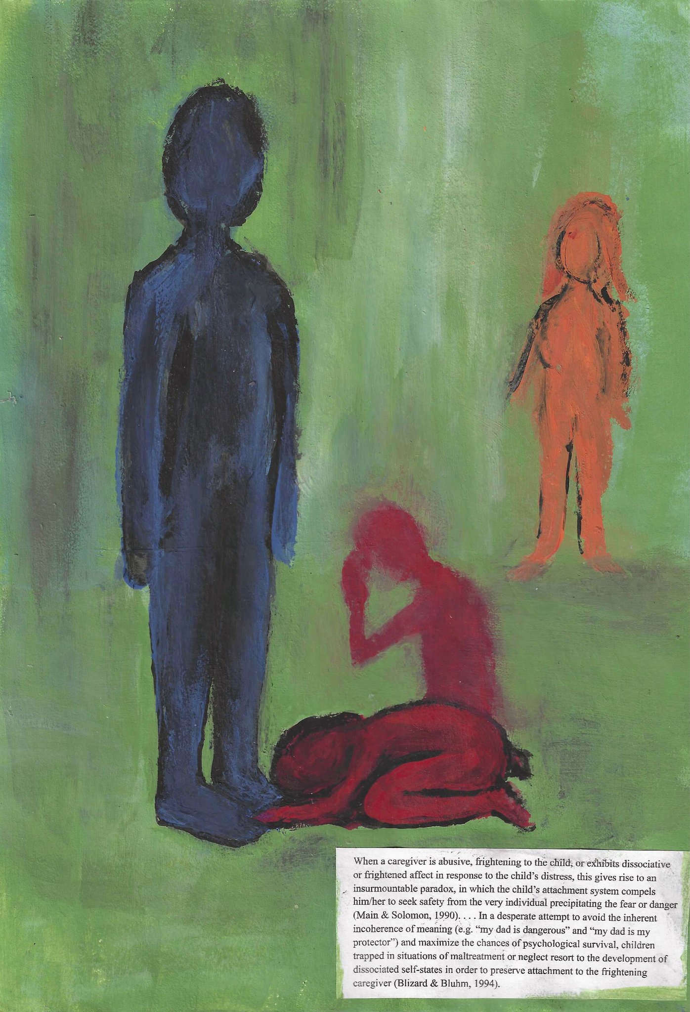 the image depicts a child crouching in a fetal position, with their head in their hands.  a towering figure stands in the background, while another figure stands to the right, all of whom appear to be adults. the image is meant to represent the complex and challenging dynamics of child abuse and trauma, including the child's struggle to reconcile their need for safety and security with the presence of a potentially dangerous caregiver. the figures are depicted in a stylized and simplified manner, which contributes to the overall sense of unease and vulnerability conveyed by the image.