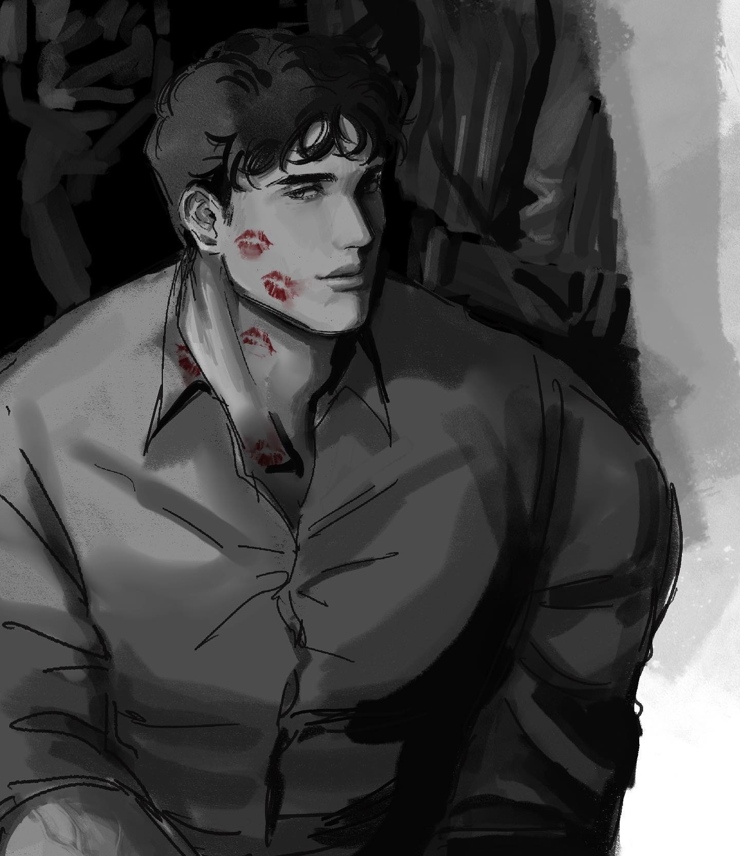 the image is a grayscale digital painting or illustration of a man. he appears to be young, with dark hair styled neatly.  his expression is somewhat pensive or thoughtful. he is wearing a buttonup shirt, and his neck and face are adorned with several small red kiss marks, suggesting a romantic encounter. the overall style is dark and moody, with strong contrasts of light and shadow that give a dramatic effect. the background is blurry and indistinct, focusing attention on the man.  the art style suggests a blend of realism and stylized elements, with some visible brushstrokes and texture. the image evokes a sense of intimacy and mystery.
