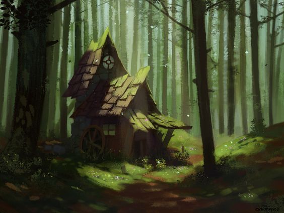 this is an art piece depicting a small, somewhat dilapidated cabin in the woods.  trees surround it on all sides, and there is a sunbeam shining down on the cabin. there is a waterwheel on the side of the building.