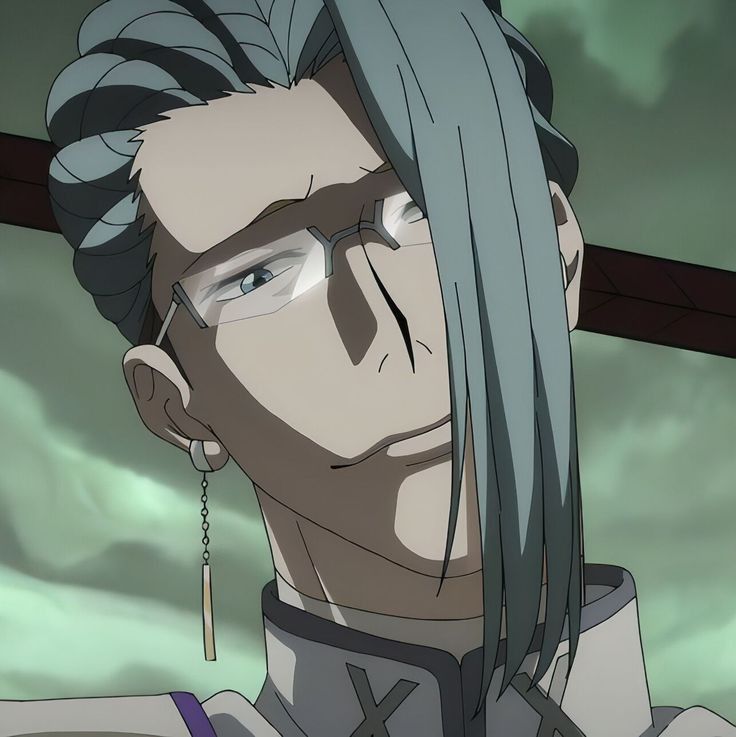 a closeup portrait of a fairskinned anime man with gray hair, partially covering his right eye. he wears rectangular glasses, a smirk gracing his lips, and a long earring with a chain on his left ear. he's wearing a white shirt with a purple detail near his neck. the background is a blur of green and black.