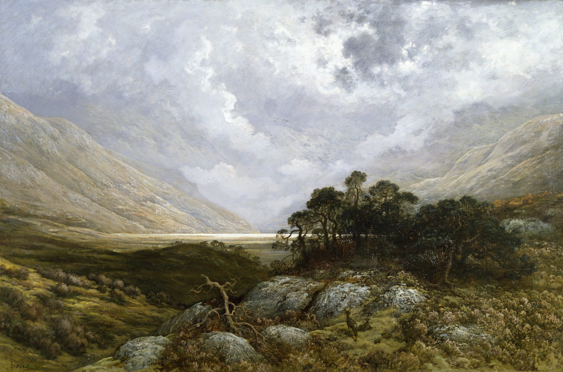a landscape painting featuring a valley between mountains under an overcast sky. in the foreground, there are rocks, trees, and foliage with a deer visible. the mountains rise on either side of the valley, leading to a distant, brighter horizon. the sky is filled with clouds, creating a sense of depth and atmosphere.